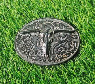 Longhorn solid pewter steer western belt buckle 