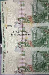 - Uncut sheet of 3in1 Malaysia RM5 banknotes 6-PK2