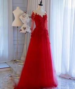 Red long sleeve wedding evening prom gown RB1034