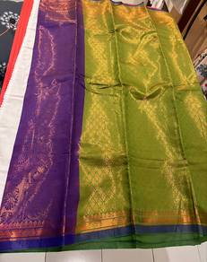 Leaf Green Purple Border Cotton Silk Saree