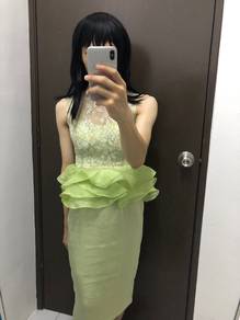 Satin party dinner dress with lace detail