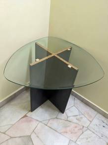 Triangular Glass Side Table with Dark Wood