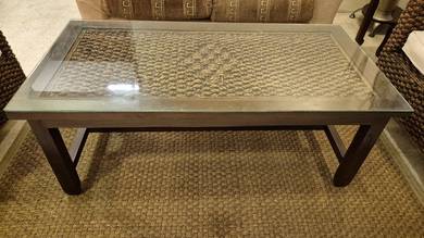 Wooden Coffee Table with Glass Top & Woven Rattan