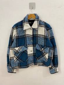Zara Blue Plaid Fuzzy Textured Cropped Jacket