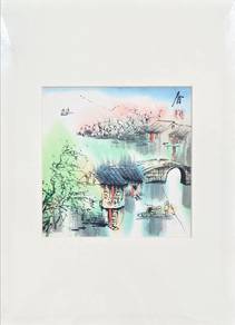 Watercolor Riverside Village Scene with Seal