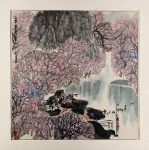Chinese Ink Painting -Spring Blossoms by the Falls