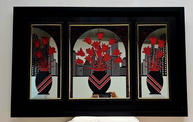 Triptych Etched Mirror-Red Flowers and Cityscape