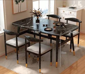 Meja Makan Set curve design marble hitam