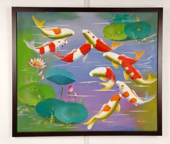 Koi Fish & Lotus Pond VI – Oil Painting, Signed