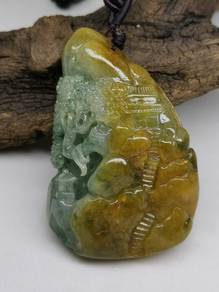Icy Yellow&Green Jadeite Jade Landscapes Pendant