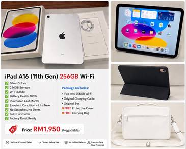 Like New iPad A16 256GB Wi-Fi + FREE Cover & Bag