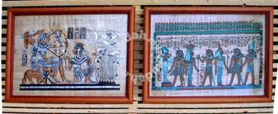 Vtg.Hand-Painted Papyrus Art- Wood Frame #2 - PAIR
