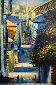 Oil Painting - Sunlit Mediterranean Alleyway