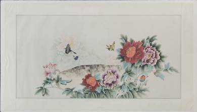 Chinese Blooming Peonies with Butterflies Silk Pai