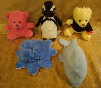 5 Plush Toys: Penguin, Dolphin, 2 Bears, Octopus