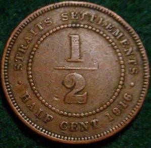 Straits Settlements Coin KGV 1/2 Cent 1916 vf+