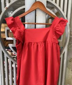 Red Ruffle Sleeve Top Square Neck Blouse Wanita