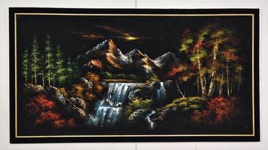 Framed Velvet Painting-Waterfall Mountains Trees