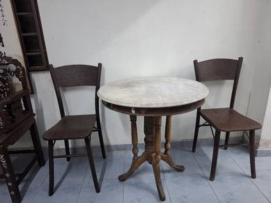 Solid Chengal Wood Chairs with Marble Table｜3-Piec