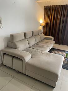 Expendable Beige L-shape Sofa with 4 Stools