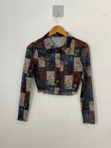 SHEIN MOD Patchwork Floral Mesh Cropped Shirt