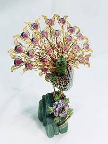 Chinese Jade & Enamel Peacock Sculpture
