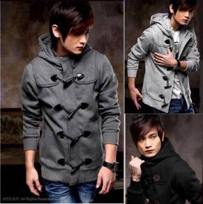 Zipper Horn Button Black Hoodie Men Jacket Sweater