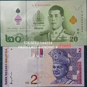 20 Thai Baht & 2 Malaysian Ringgit Banknotes
