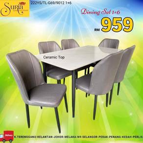 Set meja makan ceramic top dan 6 kerusi