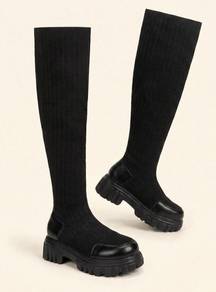 Thick Sole Knit Slip On Black Knee Boots