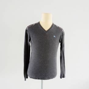 Burberry V-Neck Checked Shoulder Patch Long Sleeve