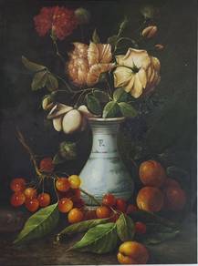 "Fruits & Blooms of Elegance" Vintage Oil Painting