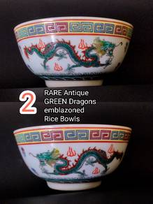 2x so RARE Vintage GREEN Dragons Emblazoned bowls