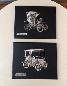 Vintage wall decor embossed metal car on leather 2