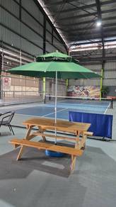 Wooden Picnic Table With Green Umbrella and Base