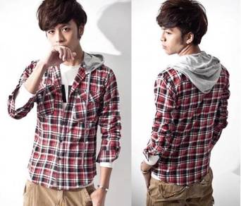 B0599 BLACK HOODIE PLAID LONG SLEEVE SHiRT KEMEJA