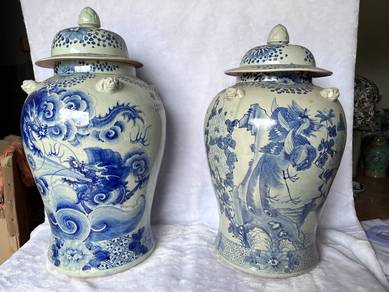 Large Blue and White Dragon Phoenix Porcelain Jars
