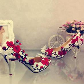 Red white flower wedding party mid heels shoe