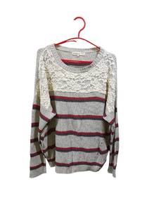Striped Knit Sweater with Lace Detail