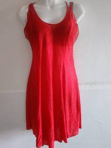 Red Ribbed Sleepwear Set with Lace Trim Baju tidur