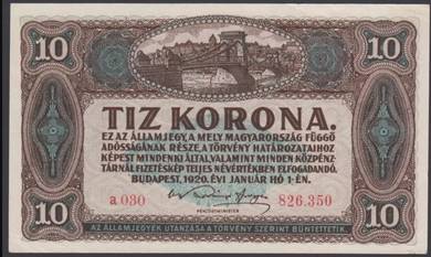 Hungary 10 Korona 1920 - Pick 60  xf