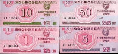 KOREA SET banknotes 4 PCS 1 5 10 50 CHON 1988 unc