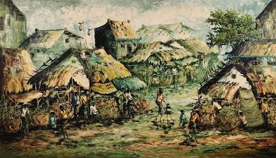 Balinese Village Life Oil Painting Signed