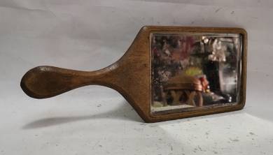 Vintage Hand Held Wooden Mirror with Bevelled Glas