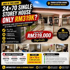 1-storey Terraced House For Sale in Batu Berendam,MLK