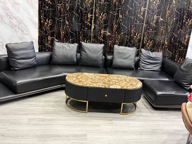 Modern L-Shape Genuine Leather Sofa with table