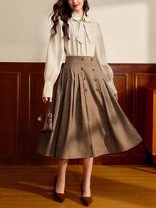 Brown Skirt Vintage Pockets OL Office Plus size
