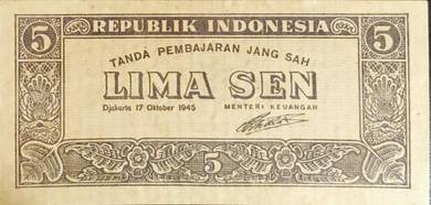 Indonesia 5 sen Brown Banknote 1945   -  UNC
