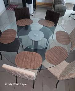 Glass top dining table + lazy susan with 6 chairs