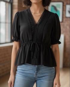 Black Peplum Top Puffy Sleeve Blouse